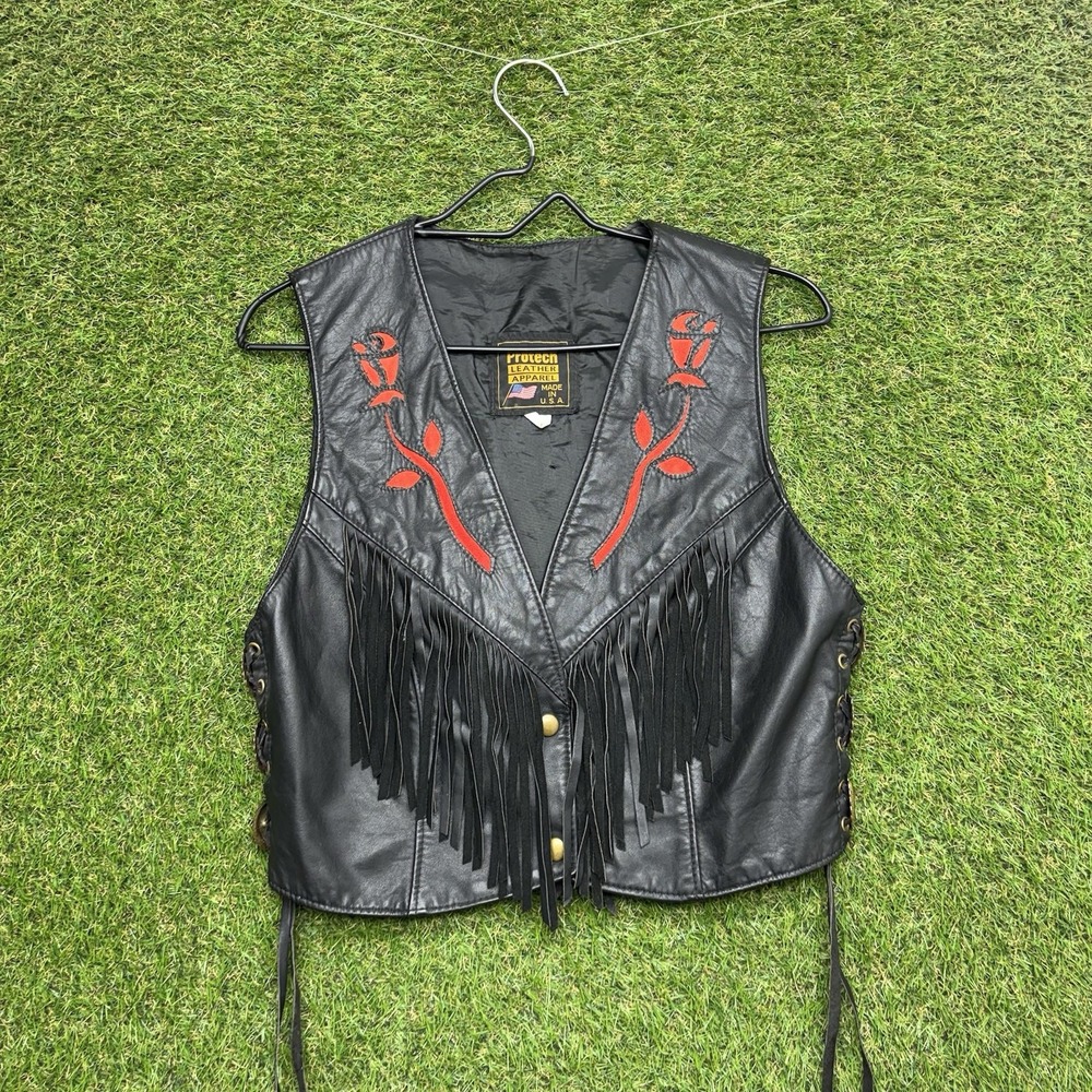 Protech Leather Apparel Vest Womens 14 Black Leather Fringe Rose Embroidered
